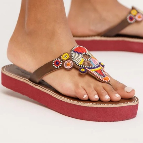 Anthropologie New Shibli SSR Leather Sandal Red Mix laidback London sandal 🌈 - Picture 2 of 11